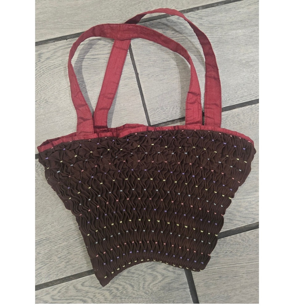 Zardozi Hand Embroidered Afghan Women Smocked Popcorn Tote Bag Brown Red
